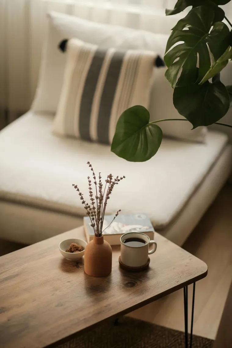 A coffee table with a mug and dried flowers